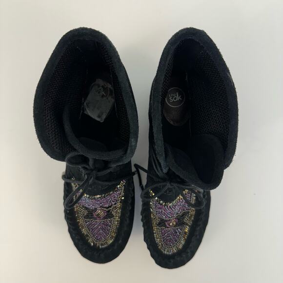 The Sak Helena Moccasin Black Suede Booties Embellished Beaded Boots 6.5 - Picture 5 of 11